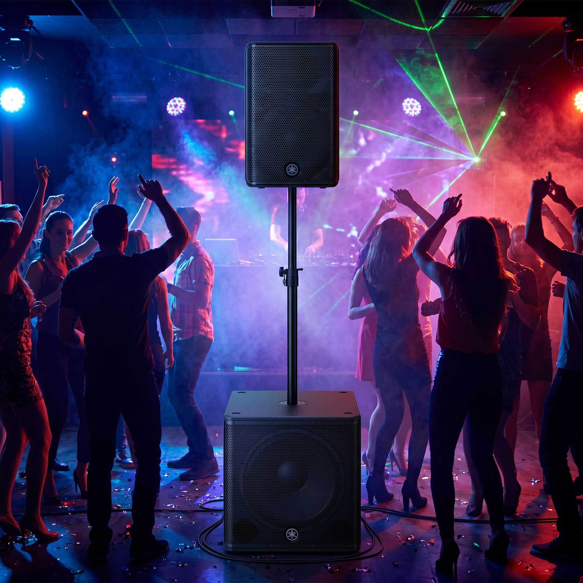 Yamaha DXR10MK3 Aktivlautprecher in Disco mit Subwoofer Laser und tanzenden Menschen