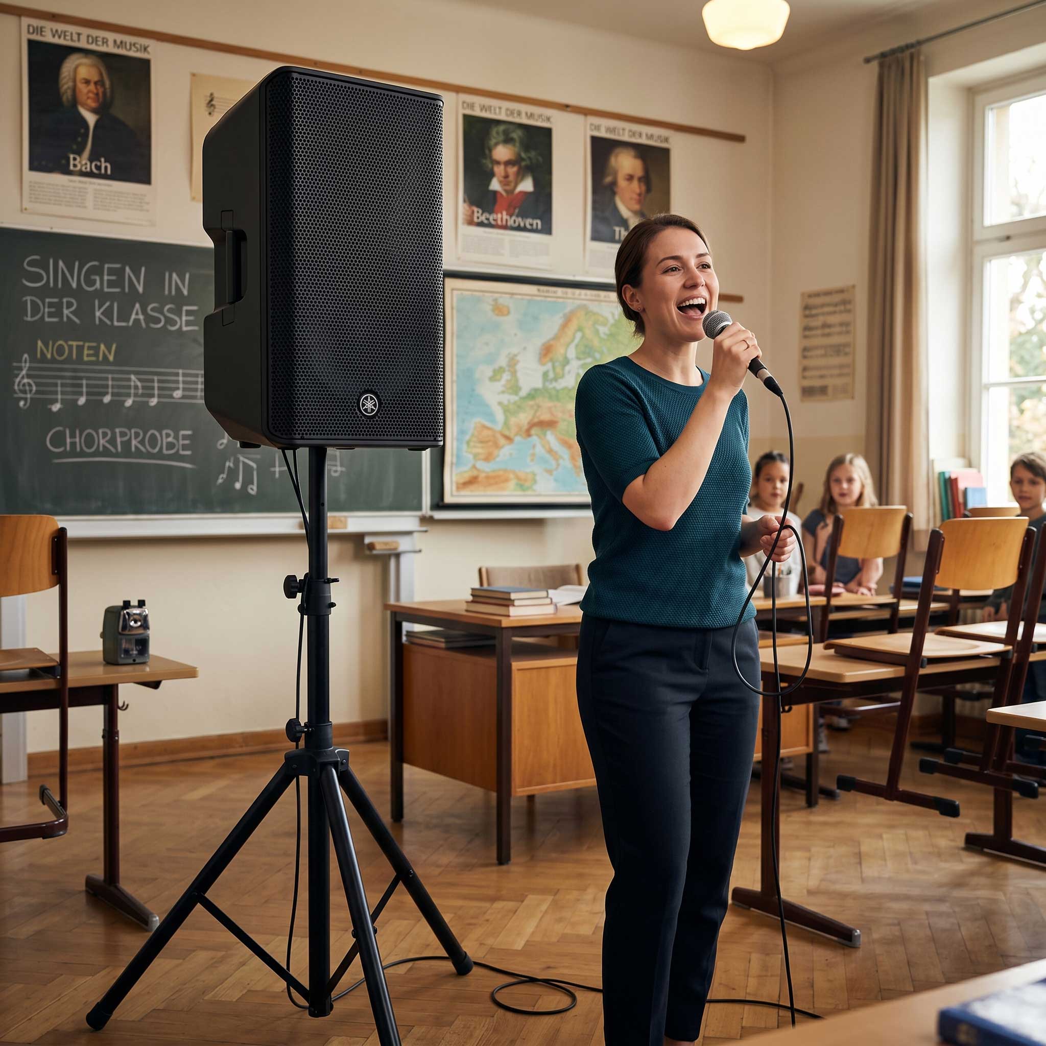 Yamaha DXR12mk3 Aktivlautsprecher mit Frau in Schuklasse singt