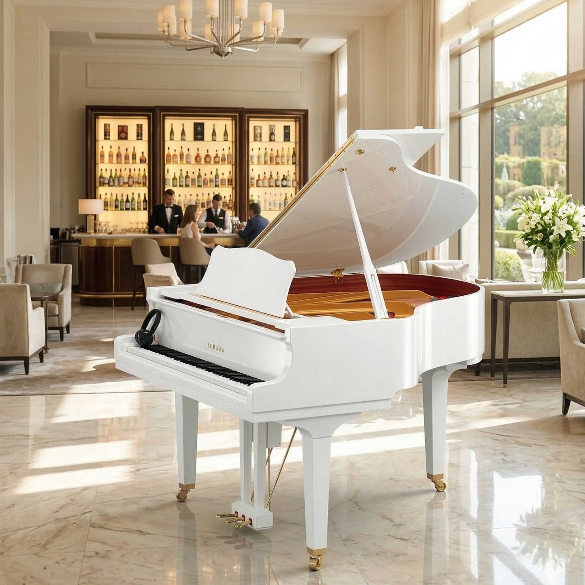 Yamaha GC1 Enspire weiß poliert geöffnet in hotel bar