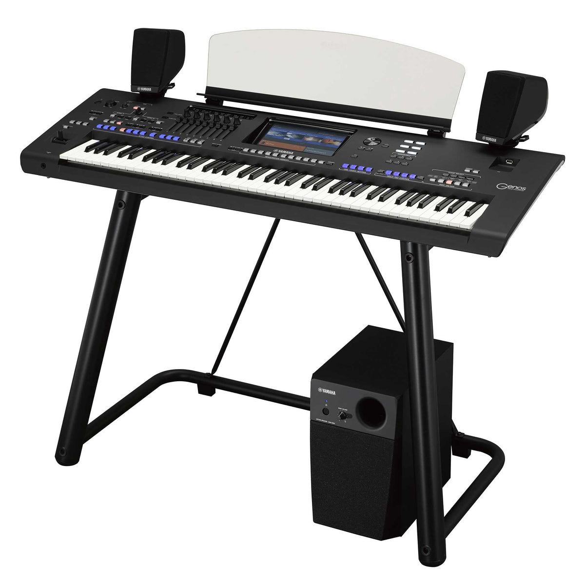 Yamaha Genos mit  Speaker System GNS01 Voderansicht und LB7a Ständer