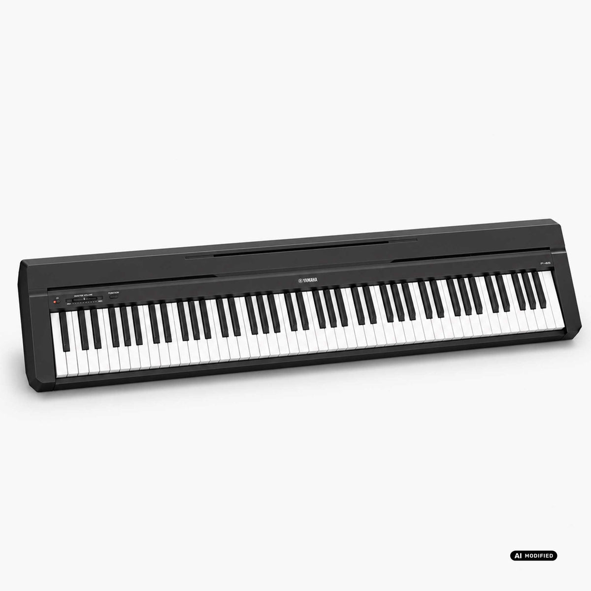 Yamaha P-45 Digitalpiano in Schwarz ohne Ständer, Schrägansicht von links mit Tastatur und Bedienelementen