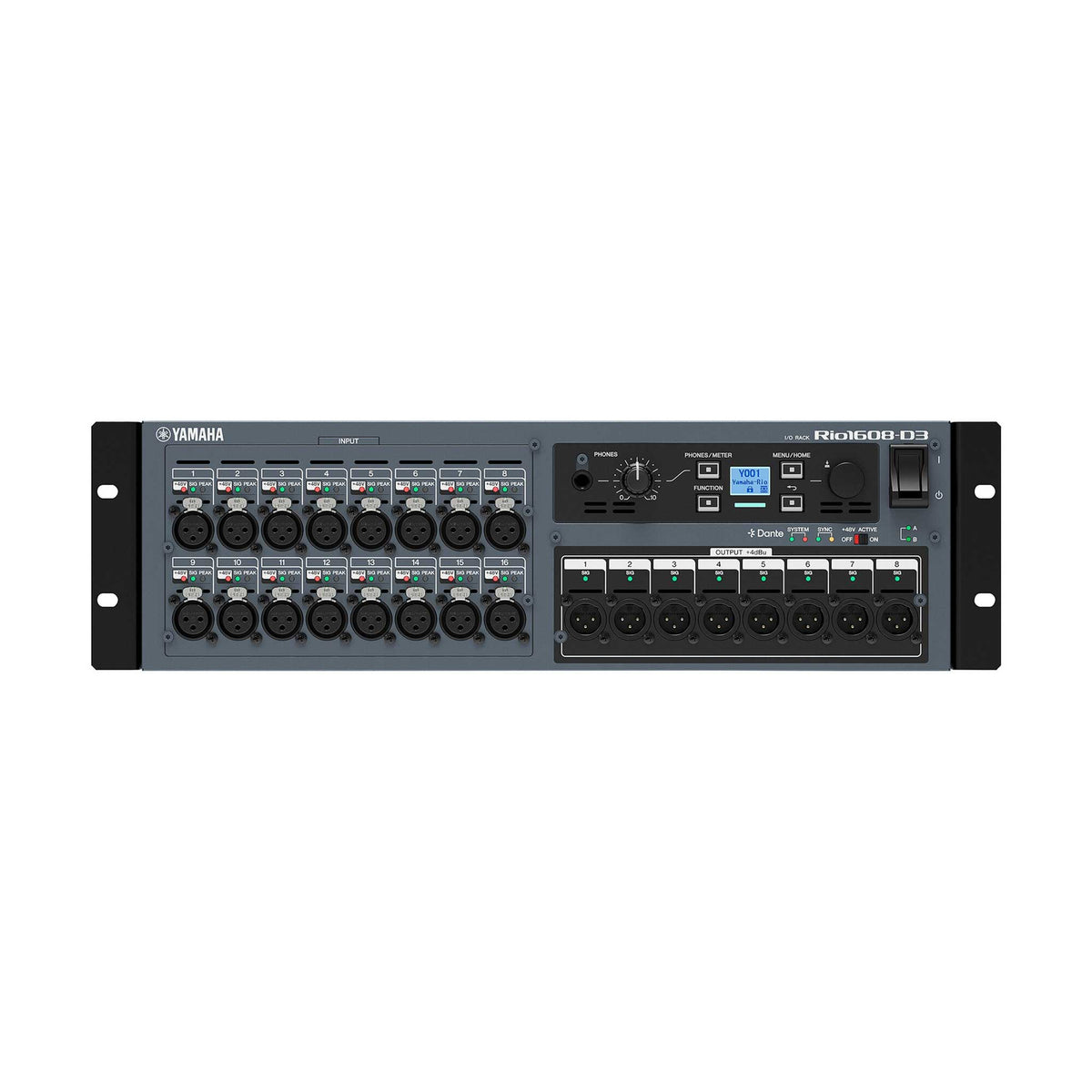 Yamaha Rio1608-D3 Dante-Stagebox in Frontansicht mit 16 XLR-Eingängen, acht XLR-Ausgängen und Display