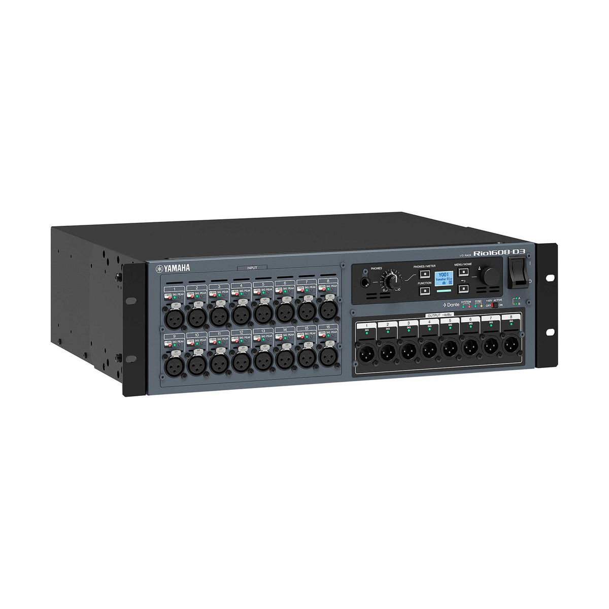 Yamaha Rio1608-D3 Dante-Stagebox schräg von links mit XLR-Anschlüssen und Rackwinkeln