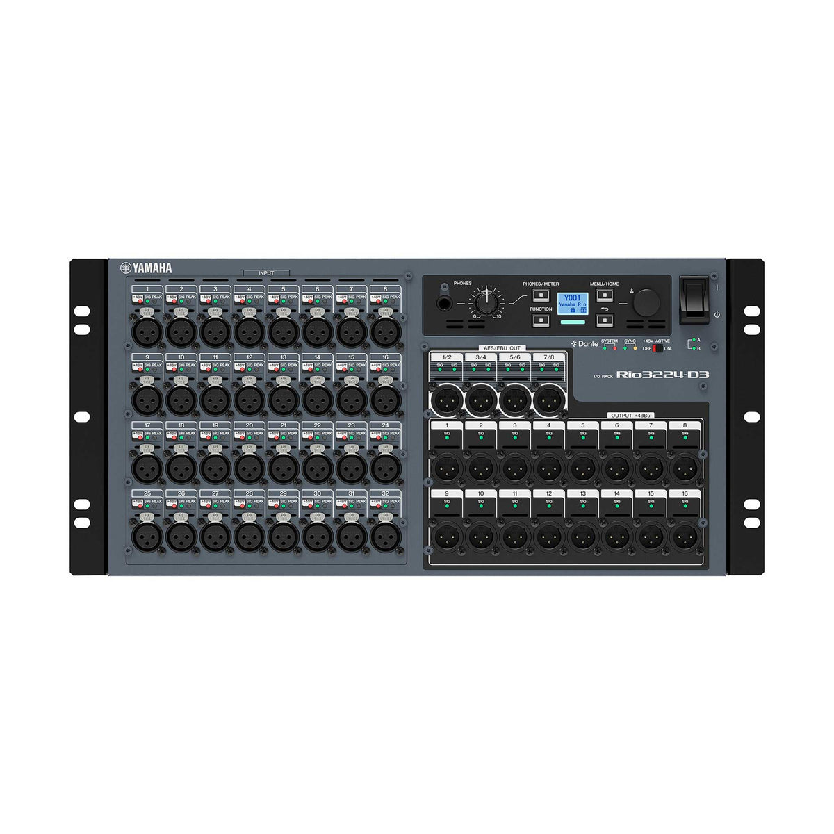 Yamaha Rio3224-D3 in Frontansicht mit 32 XLR-Eingängen, 16 analogen Ausgängen und vier AES/EBU-Buchsen