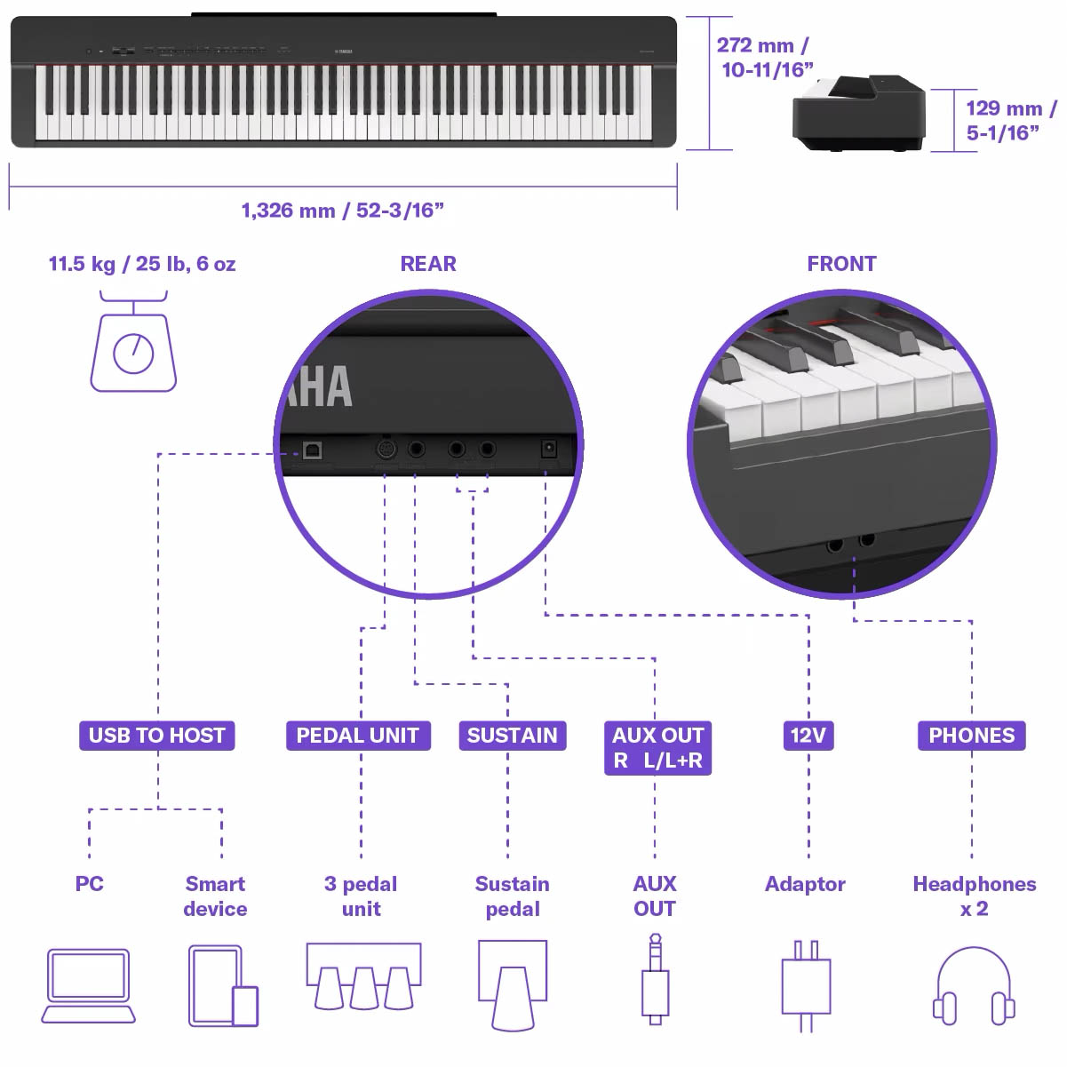 Yamaha P225 Abmessungen und Anschlüsse