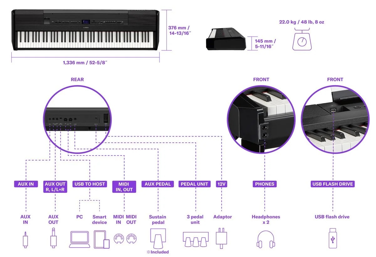 Yamaha P-525 Anschlüsse Maße